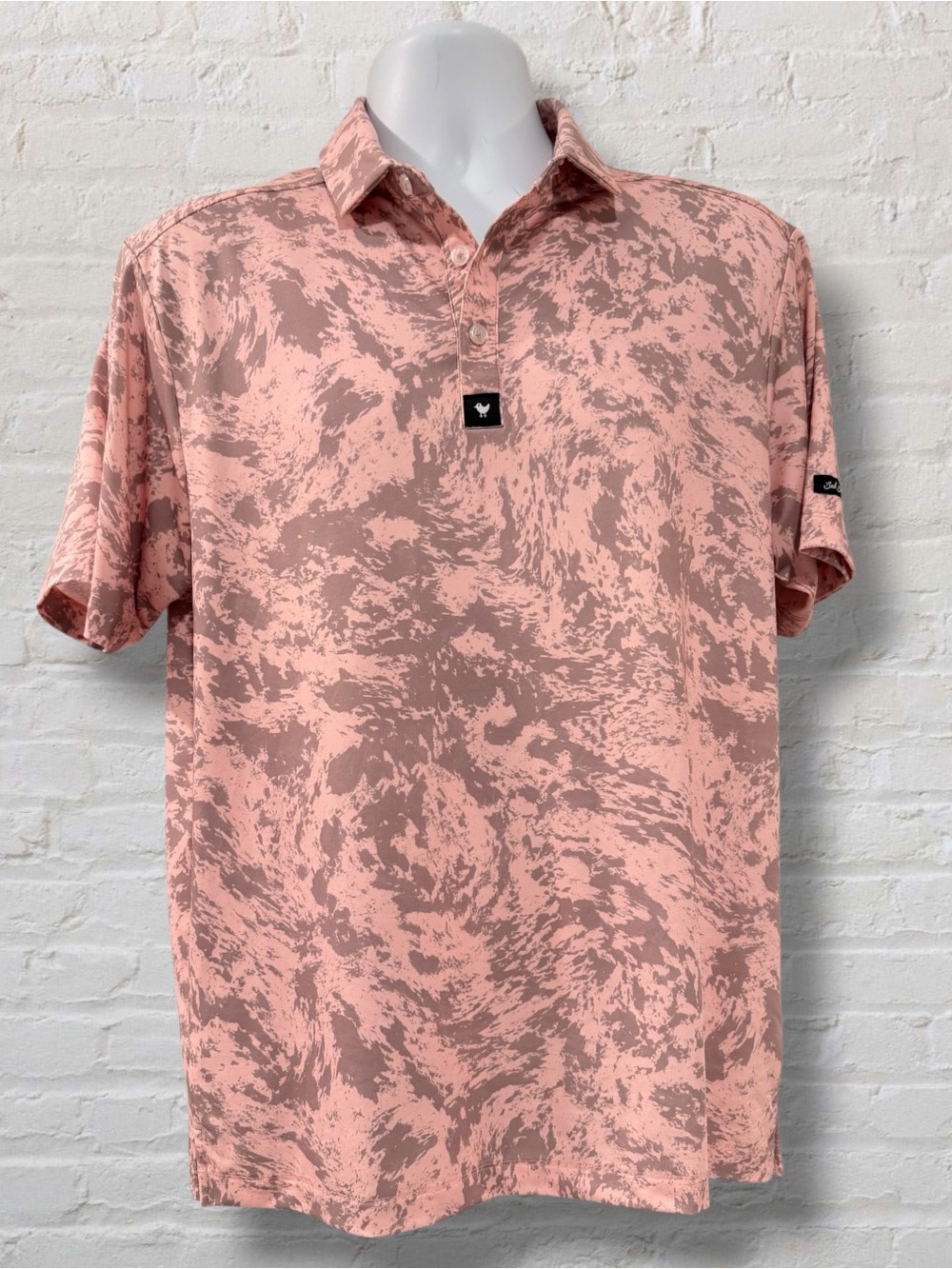 Bad Birdie Men’s M Performance Golf Polo Pink Taupe Abstract Print Stretch